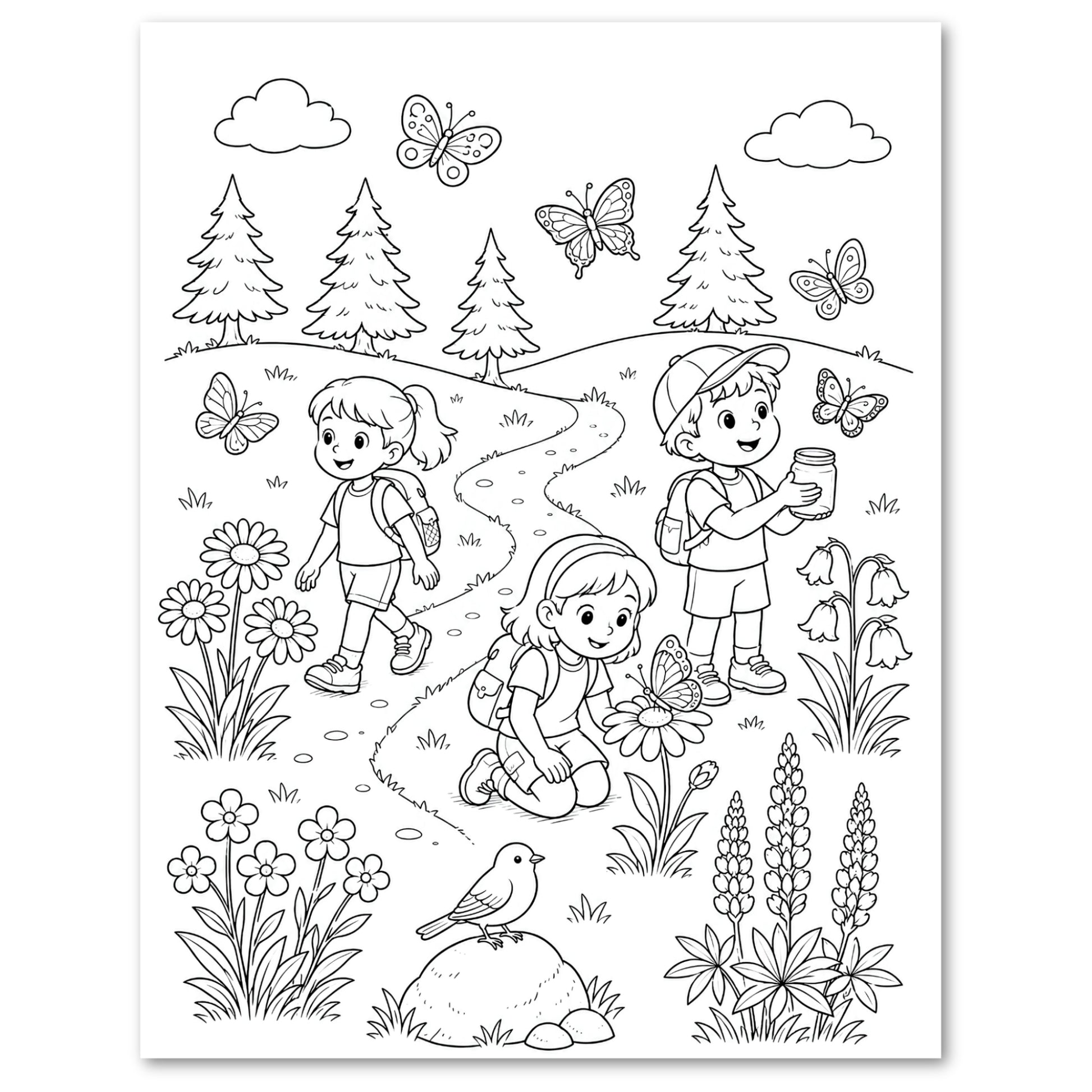 Black and white line art coloring page featuring children hiking outdoors with trees, flowers, butterflies, clouds, and a bird.