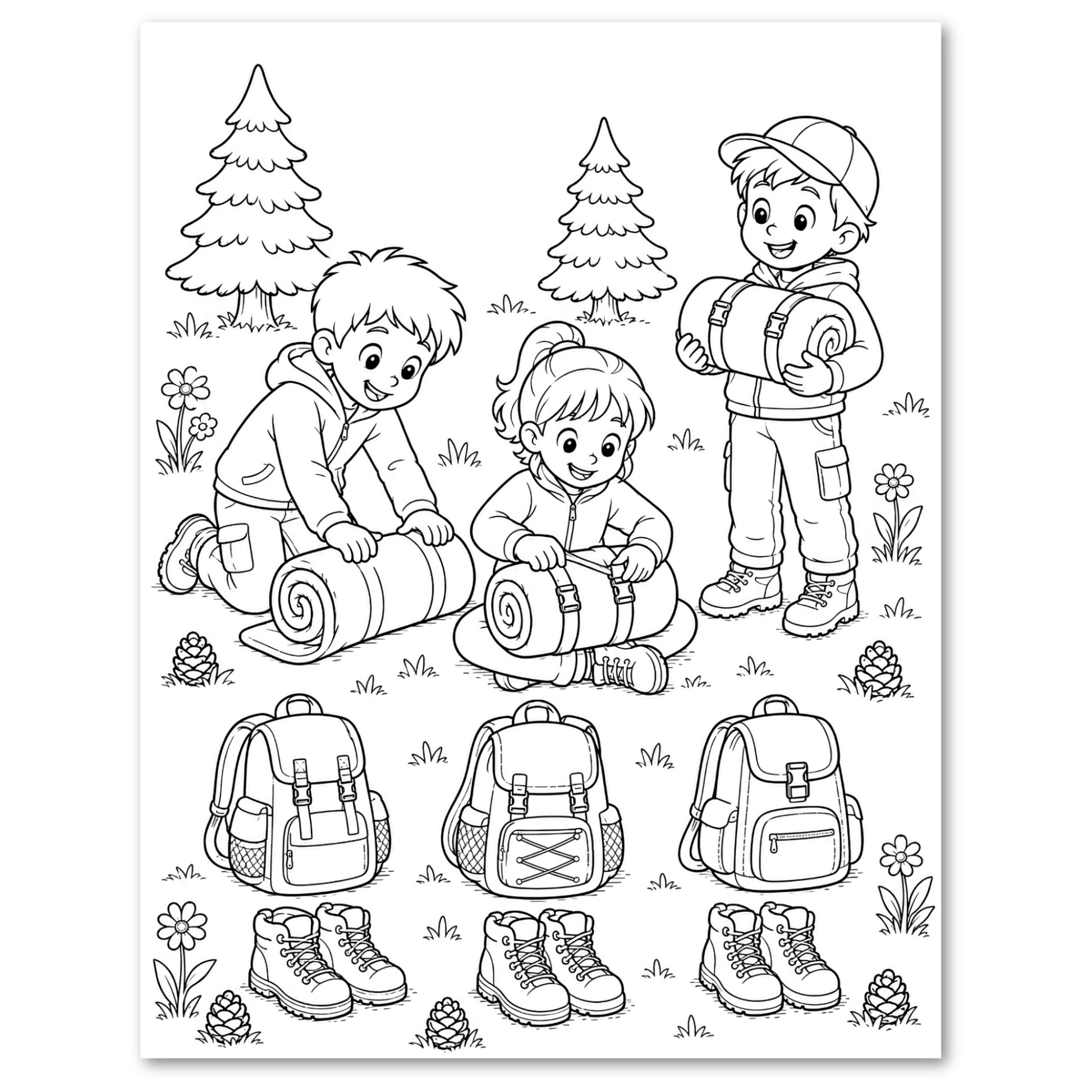 Black and white outdoor camping coloring page featuring three children with backpacking gear, including two tents, two backpacks, and hiking boots, with pine trees and flowers.