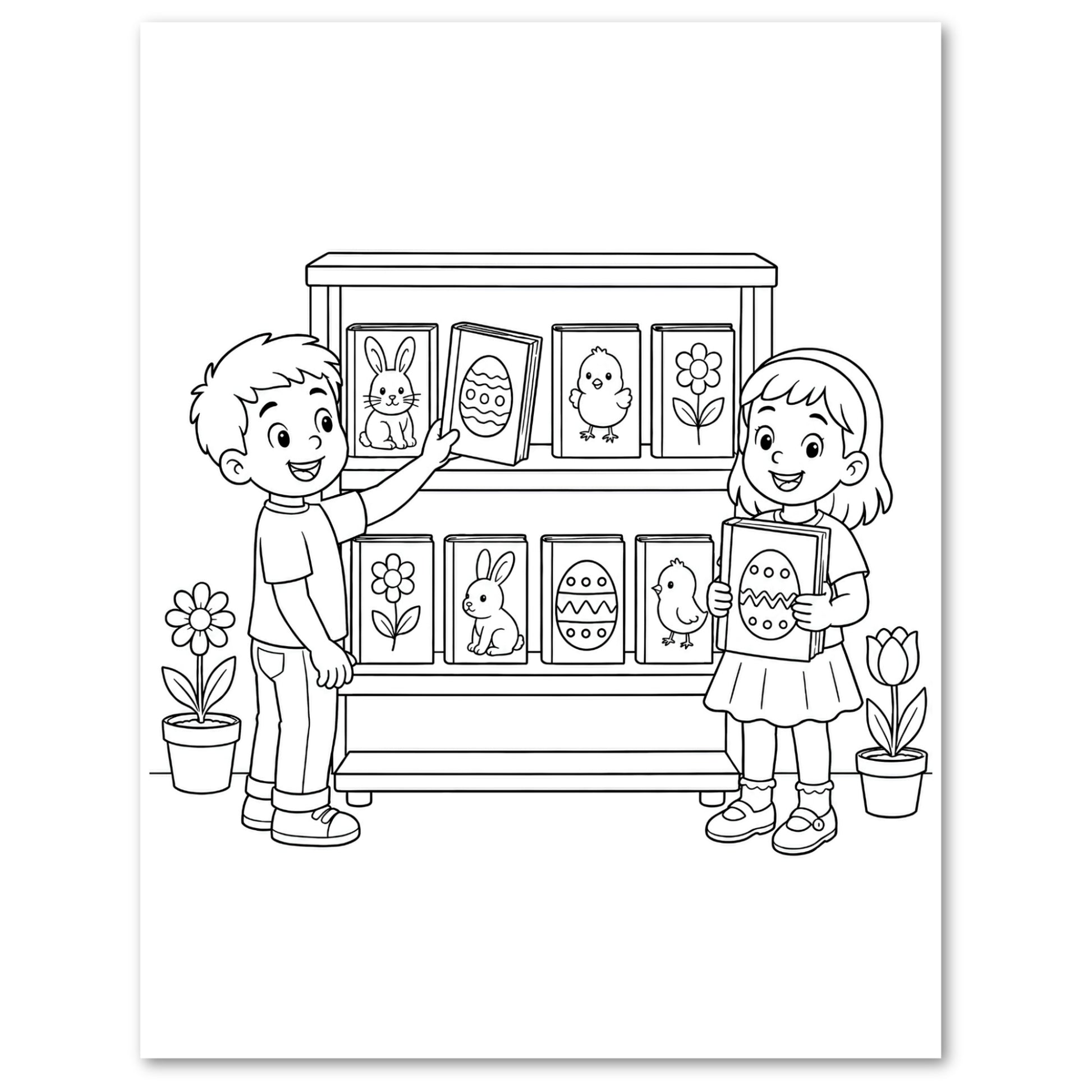 Black and white line art illustration of a boy and a girl standing in front of a shelf with Easter-themed drawings, including rabbits, eggs, chicks, and flowers. Two potted plants sit on either side.