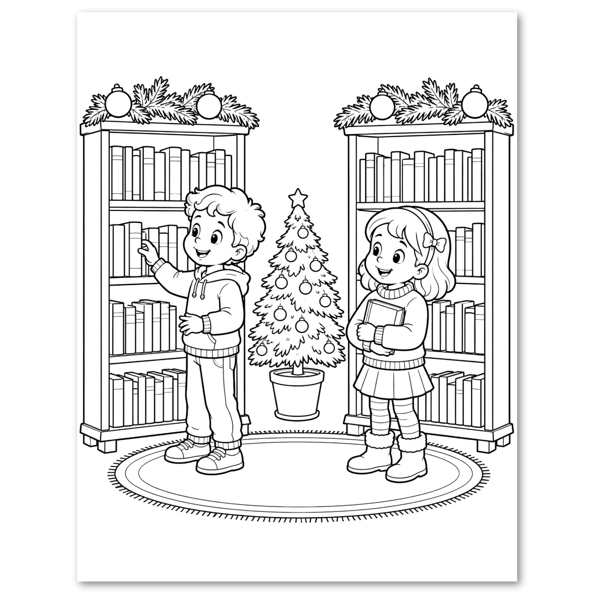 Black and white line art illustration of a boy and a girl standing in a cozy room with two bookshelves, a potted Christmas tree, and holiday garlands, likely a coloring page or print design.