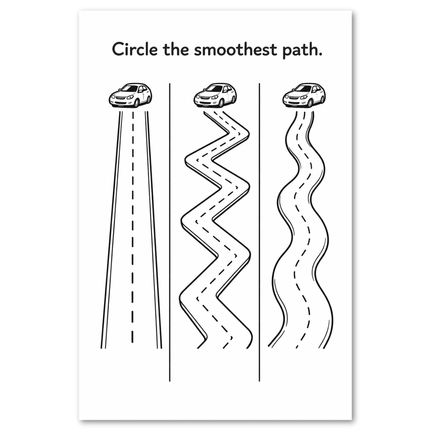 Educational worksheet with three road paths and a car, asking to circle the smoothest path.