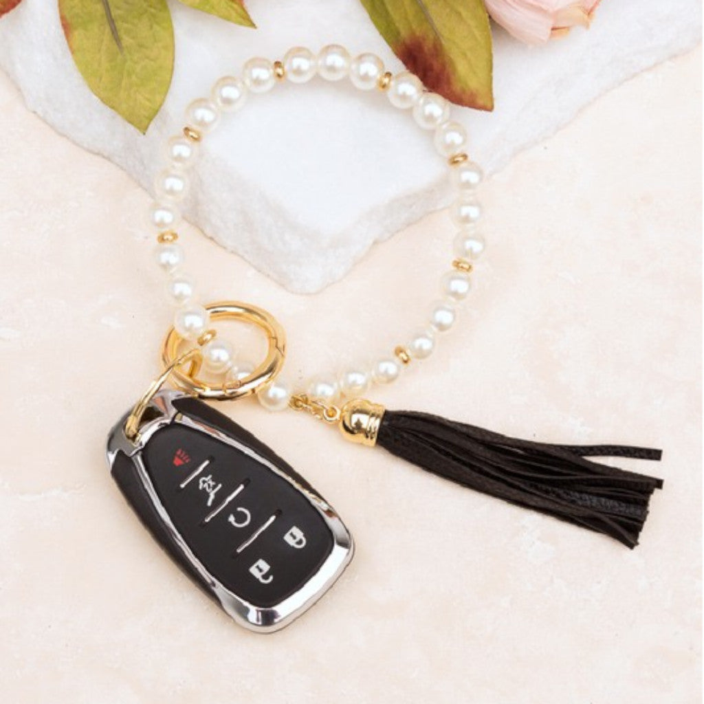 Classic Pearl Black Key Ring Bracelet with Flowers