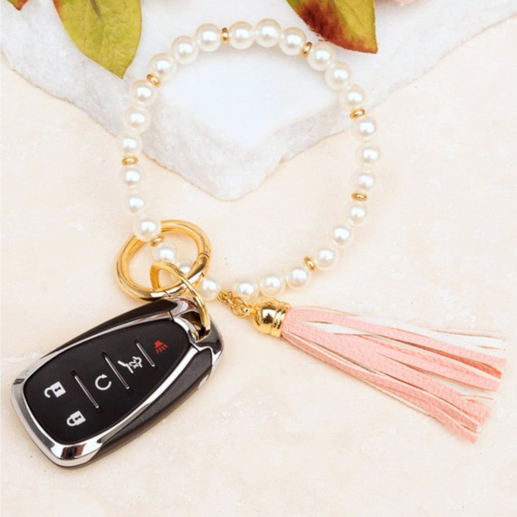 Classic Pearl Blush Key Ring Bracelet with Flowers