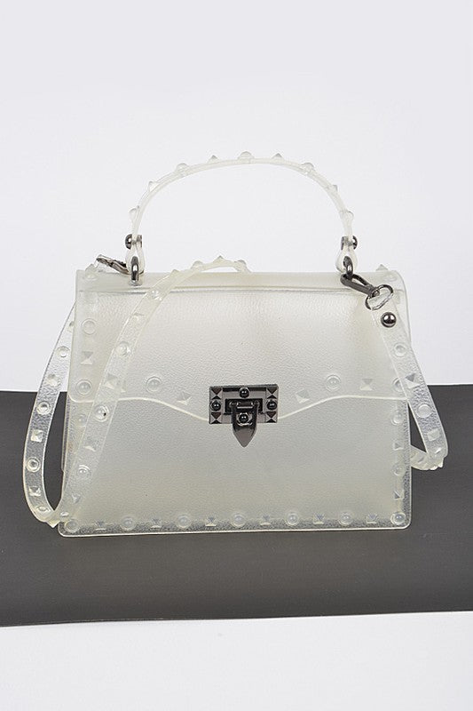 Clear Matte Finish Studded Convertible Jelly Bag Front view