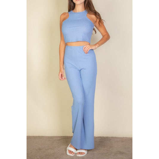 Ribbed Cropped Top and Bootcut Pants Set