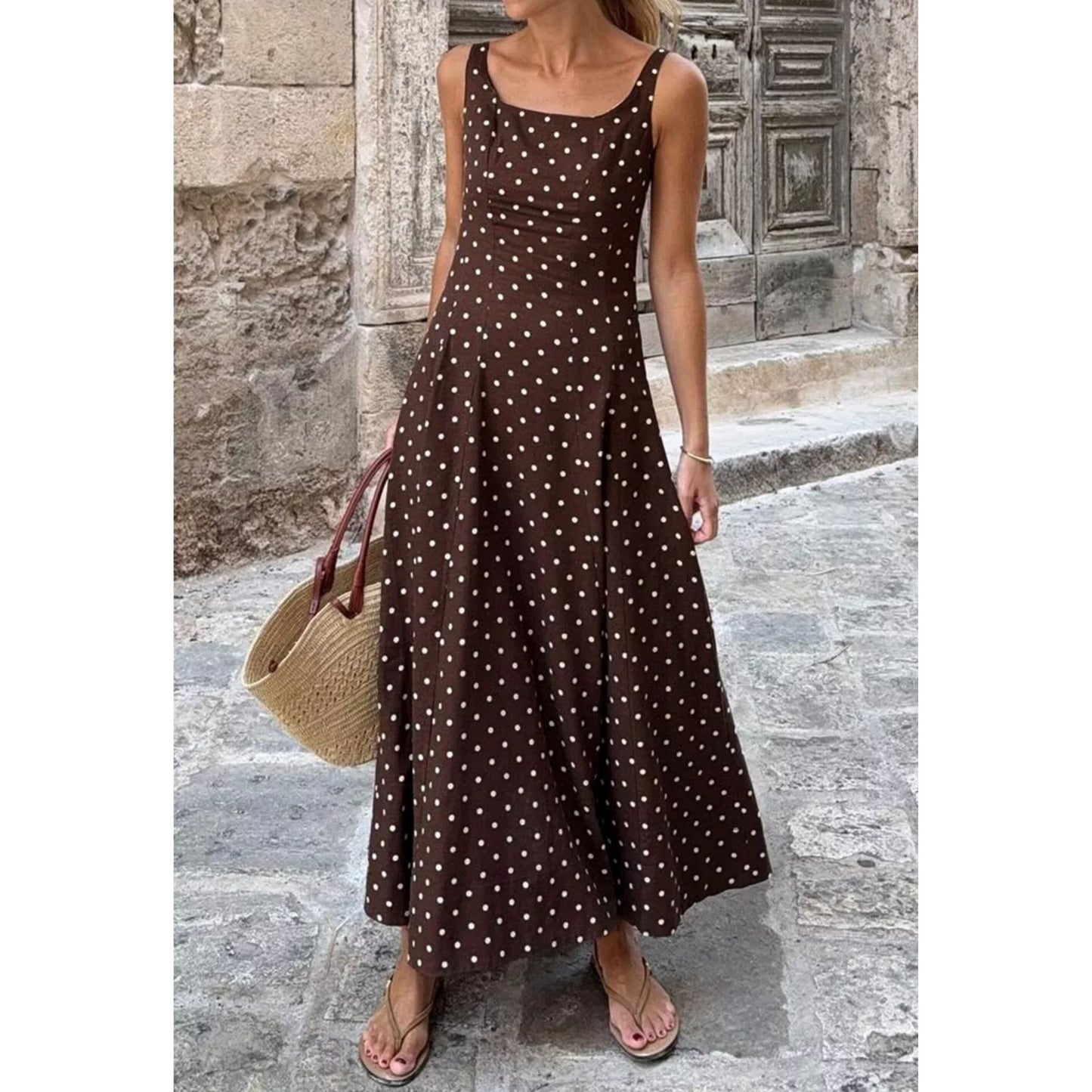 Polka Dot Print Square Neck Sleeveless Vacation Maxi Dress