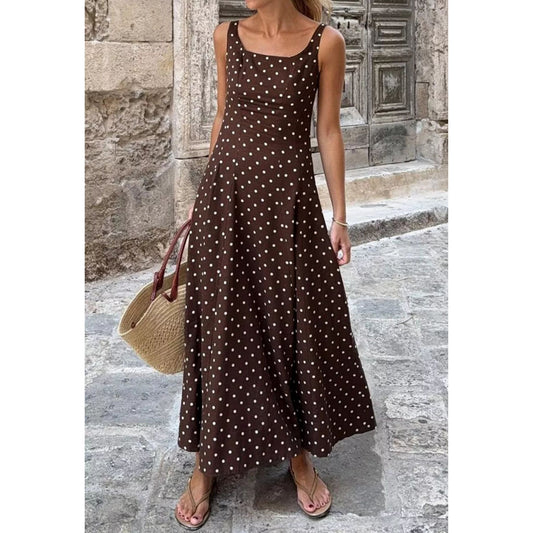 Polka Dot Print Square Neck Sleeveless Vacation Maxi Dress