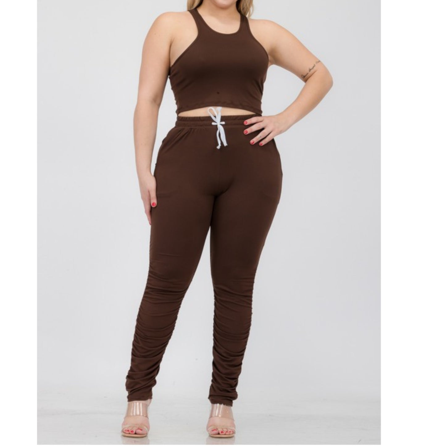 Coffee Plus Size Crop Tank Top & Ruched Pants Set Front view