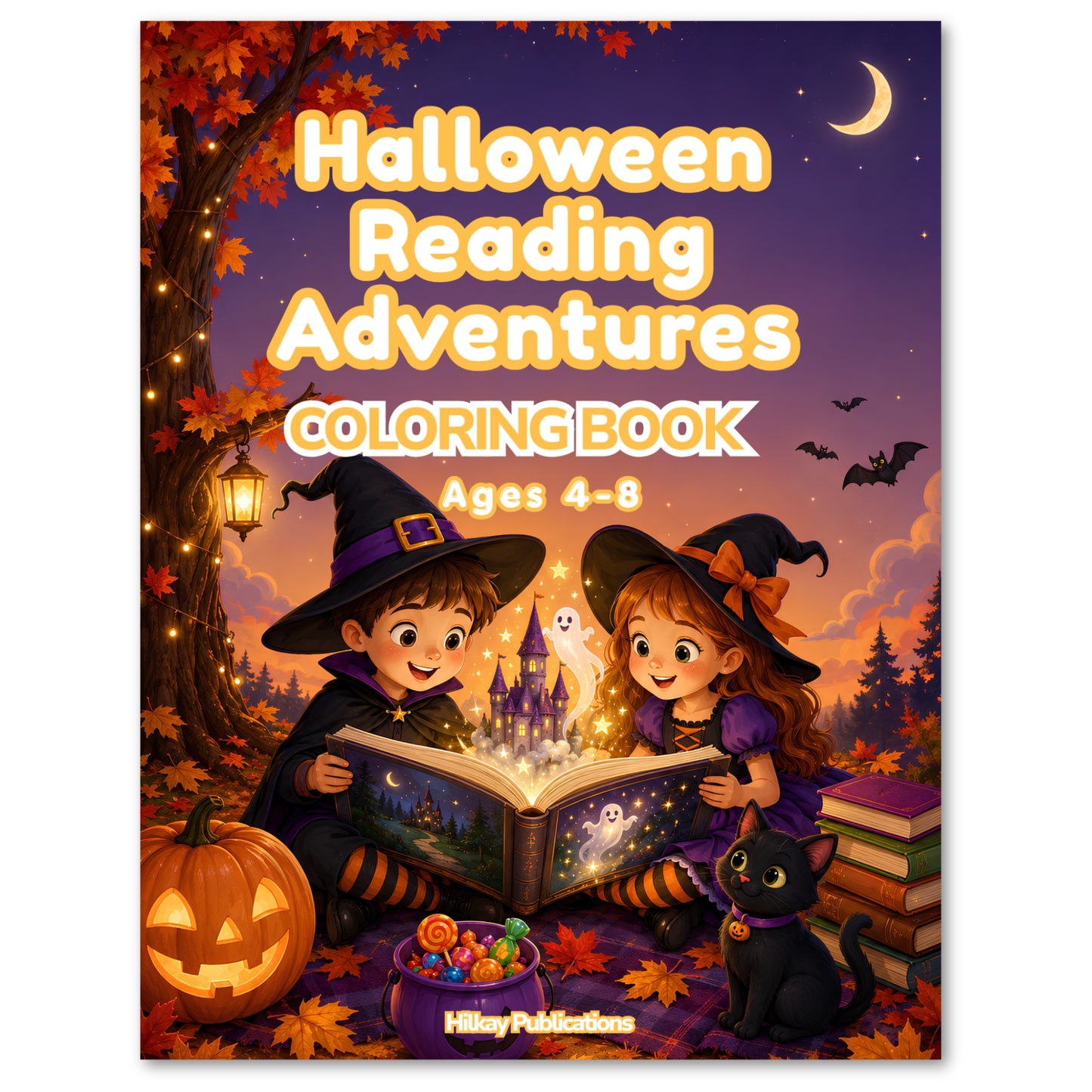 Front cover of the book 'Halloween Reading Adventures Coloring Book' by Hilary Publications, featuring an illustrated autumn night scene with two children in witch hats reading a glowing book, a jack-o'-lantern, candy bowl, cat, bats, and a crescent moon.