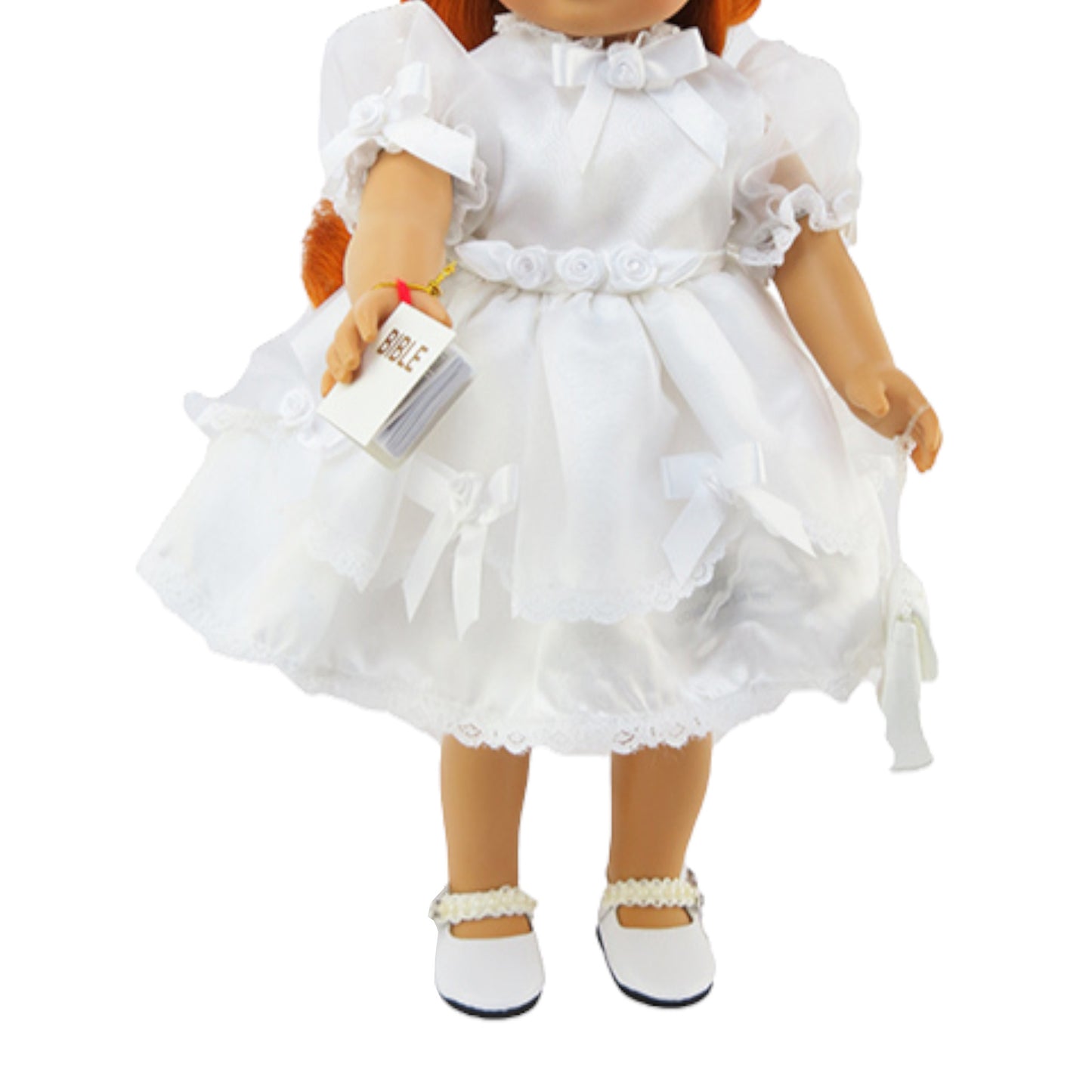 Doll wearing a white dress with ruffles on a white background