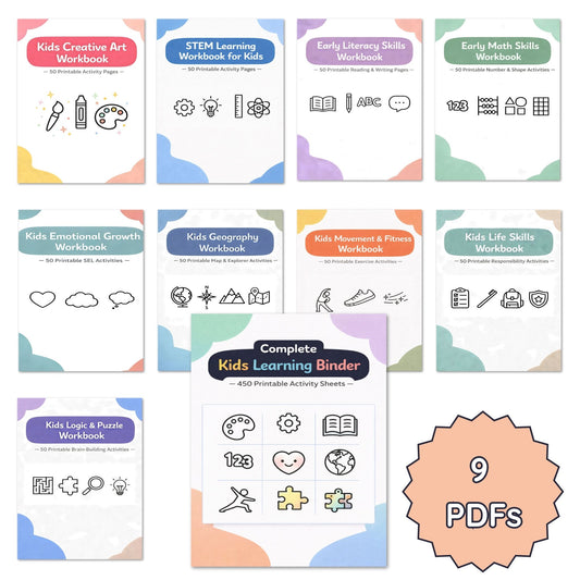 Collection of educational workbooks for various learning skills with colorful covers and a 'Complete Kids Learning Binder' in the center.