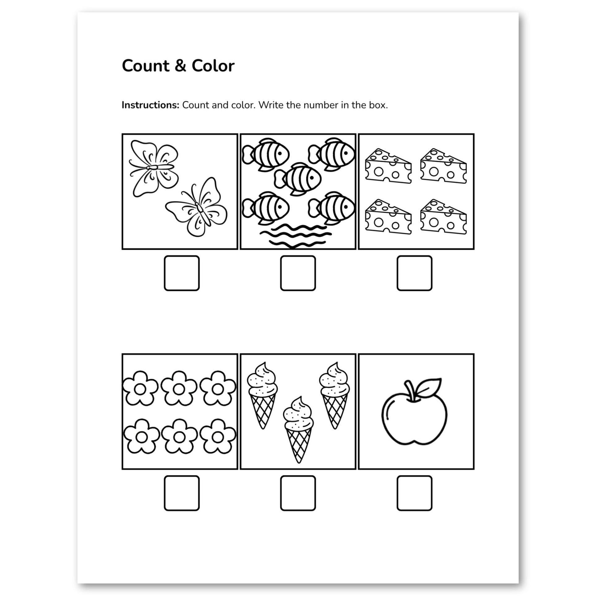 Educational worksheet for counting and coloring with illustrations of butterflies, fish, cars, flowers, ice cream cones, and an apple.
