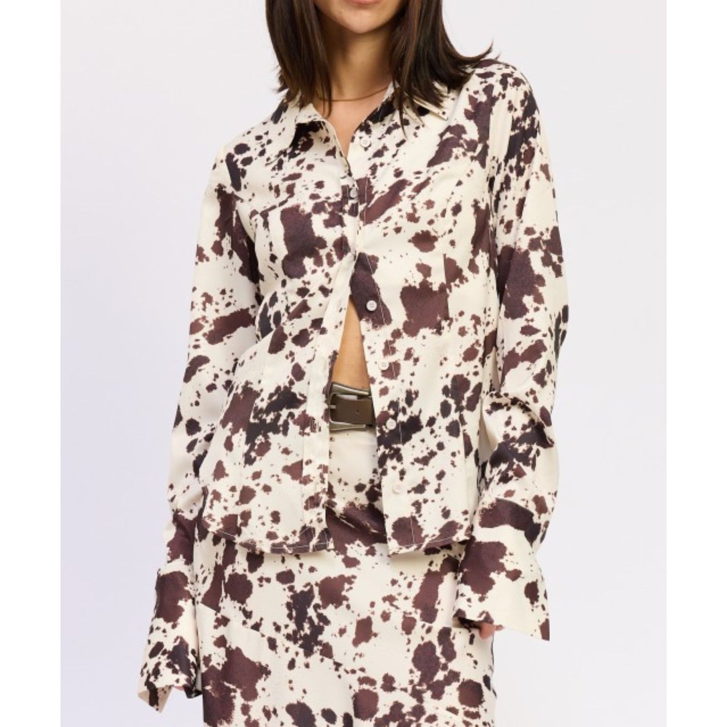 Cow Printed Satin Shirt Top
