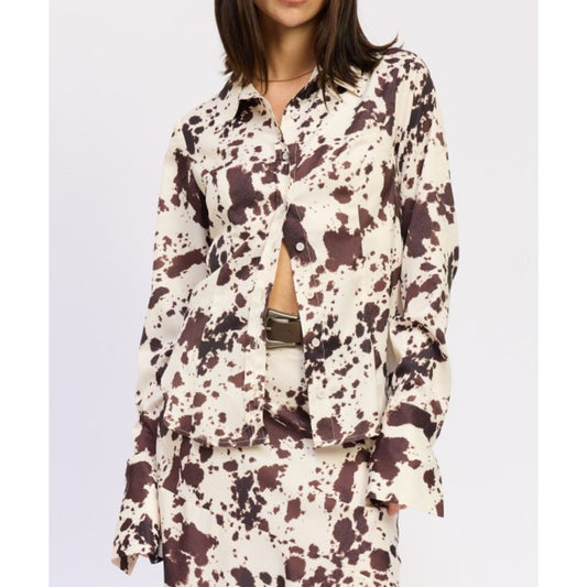 Cow Printed Satin Shirt Top