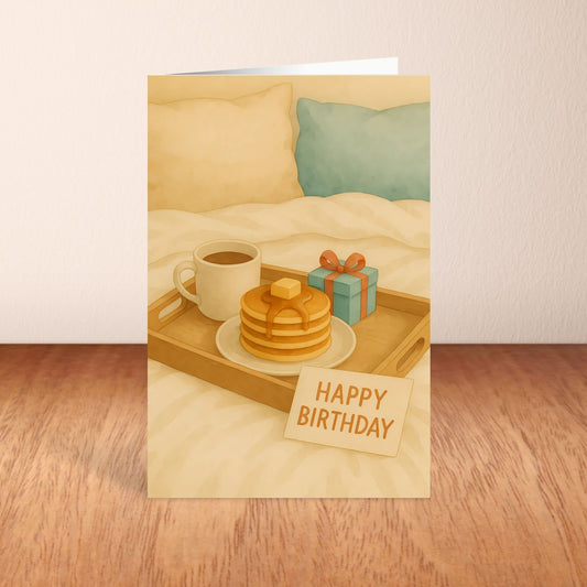 Greeting card with a breakfast scene on a wooden surface