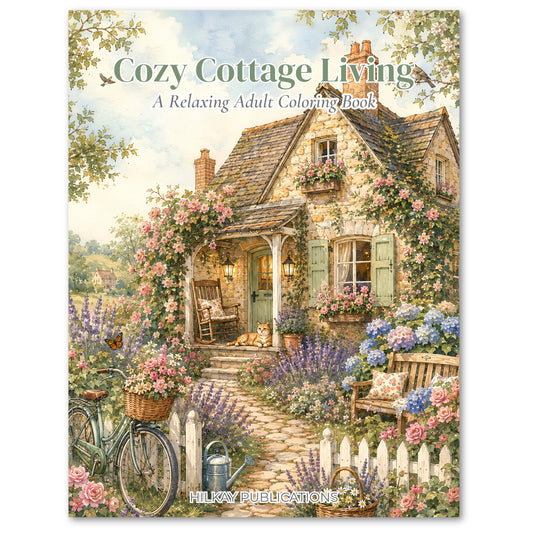 Front cover of the coloring book 'Cozy Cottage Living' by Hilkay Publications, featuring a detailed, colorful illustration of a quaint stone cottage surrounded by blooming flowers, a garden bench, a bicycle, and a stone path.