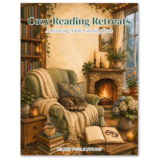 A full-color illustration of reading nook inside a cottage filled with overflowing bookshelves book cover with 'Cozy Reading Retreats - A Relaxing Adult Coloring Book.'