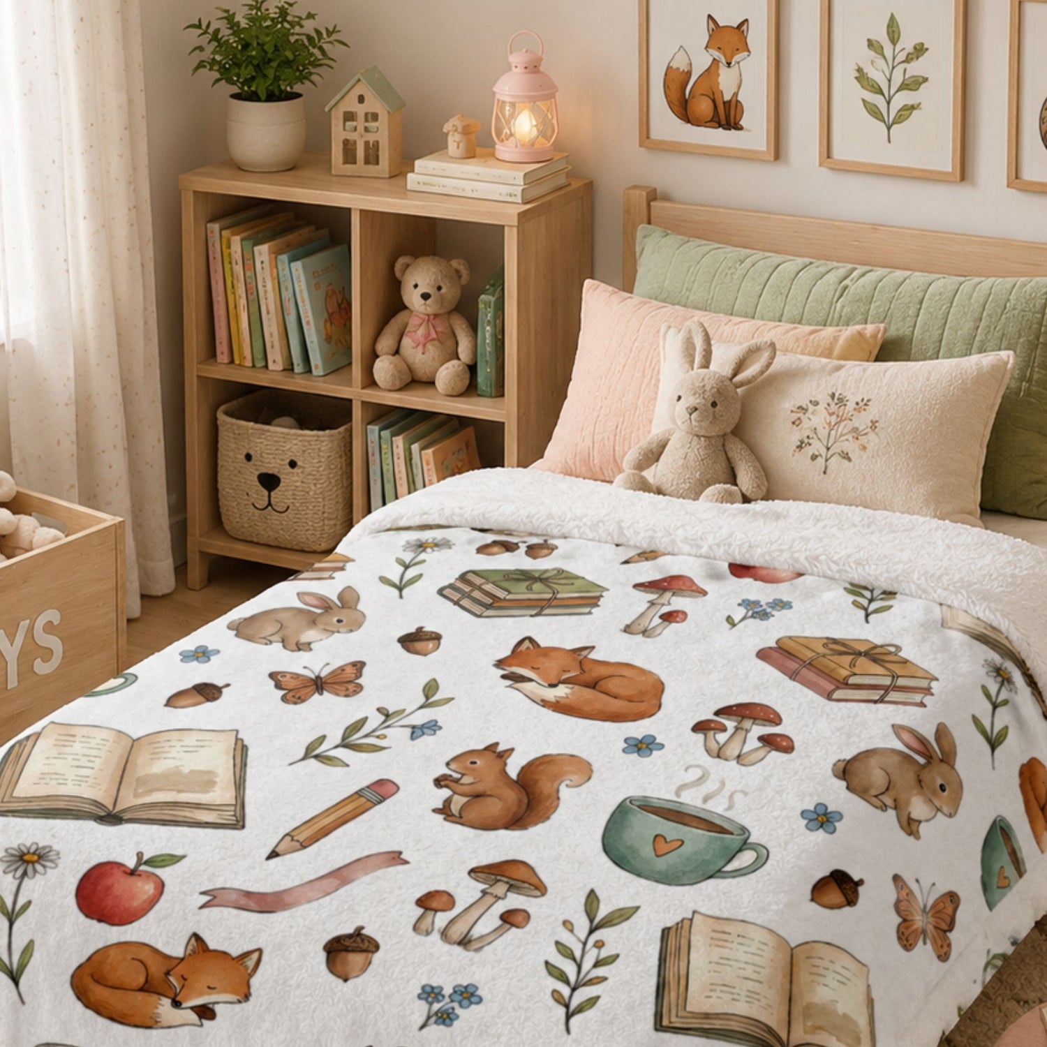 A cozy bedroom scene with a bed made up with a white minky blanket featuring a whimsical woodland print of foxes, rabbits, squirrels, books, acorns, butterflies, and a teacup. The room includes a wooden shelf with books and a teddy bear, framed wall art, and soft natural light from a nearby window.