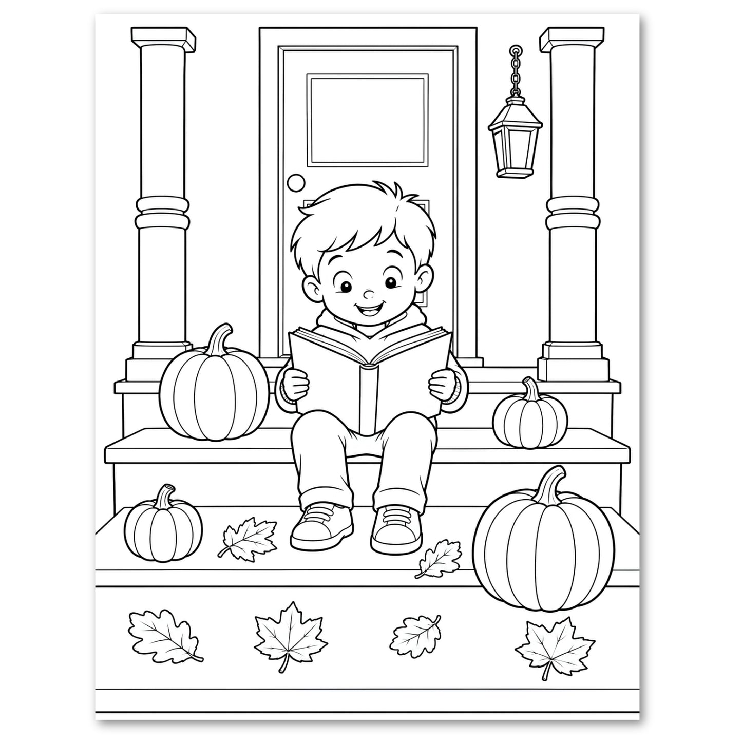 Black and white line art illustration of a young boy sitting on a front porch reading a book, surrounded by pumpkins, autumn leaves, columns, and a hanging lantern.