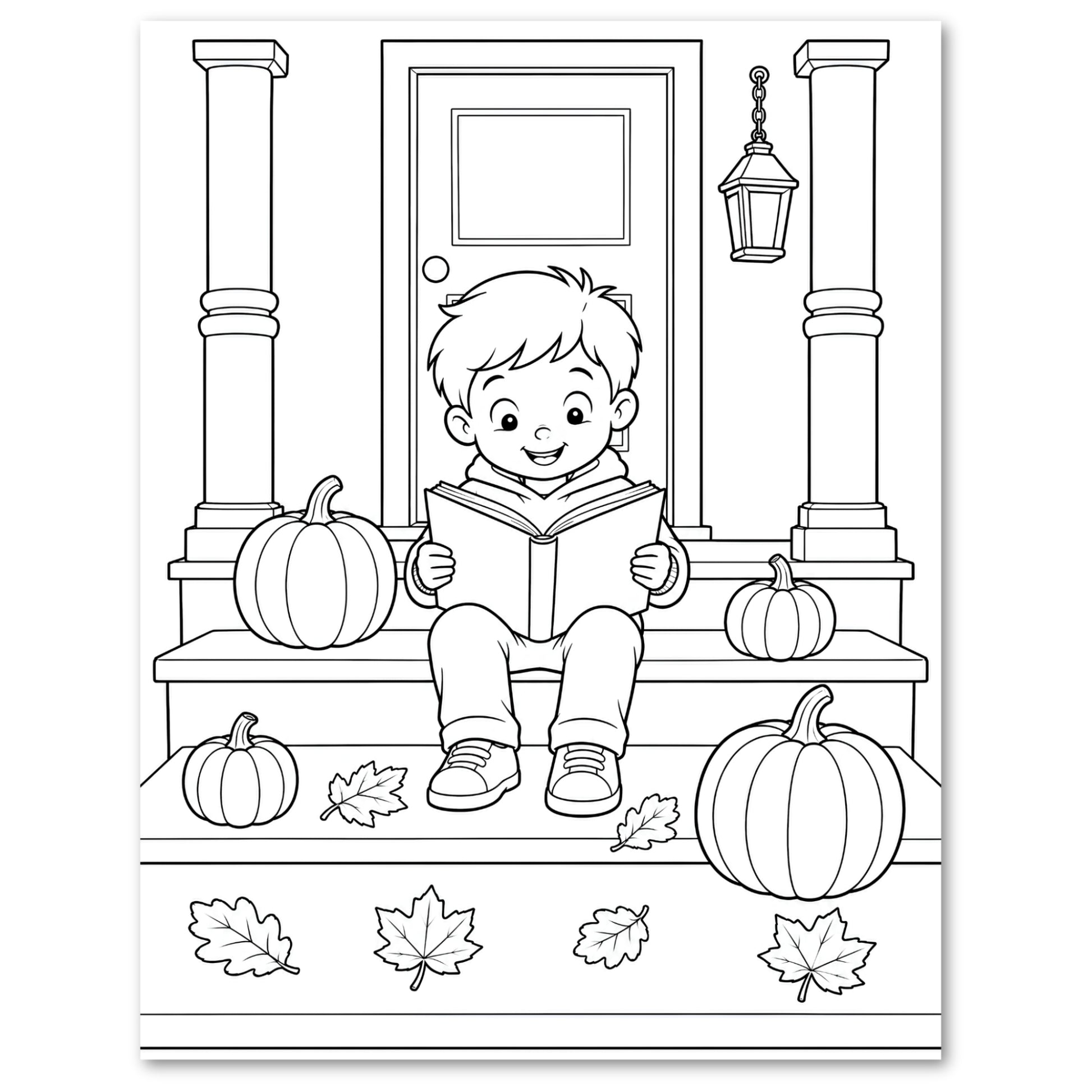 Black and white line art illustration of a young boy sitting on a front porch reading a book, surrounded by pumpkins, autumn leaves, columns, and a hanging lantern.