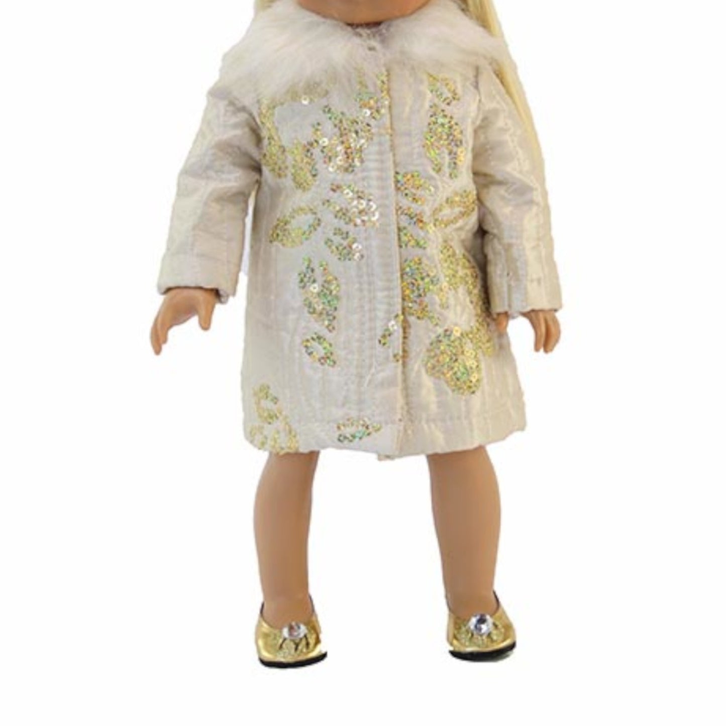 Cream Coat with Gold Sequin Flower Design for 18 inch dolls with doll