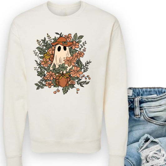 White sweatshirt with ghost and floral design on a white background