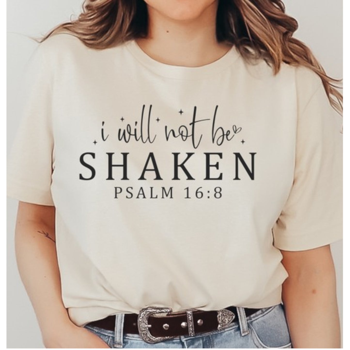 Cream I Will Not Be Shaken Psalm 16 8 Graphic Tee on Model