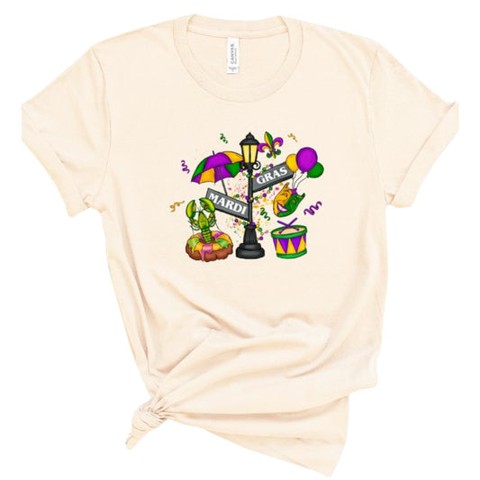 Cream Mardi Gras Street Sign Graphic Short Sleeve Tee