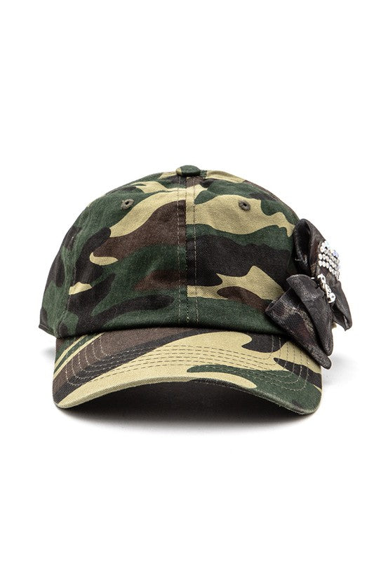 Crystal Chiffon Bow Tie Iconic Camo Cotton Cap front view