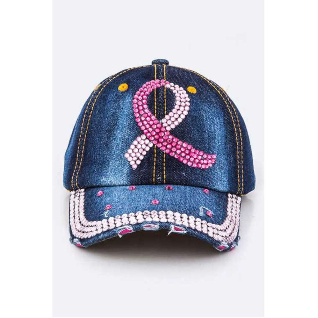 Crystal Pink Ribbon Embelished Fashion Denim Cap