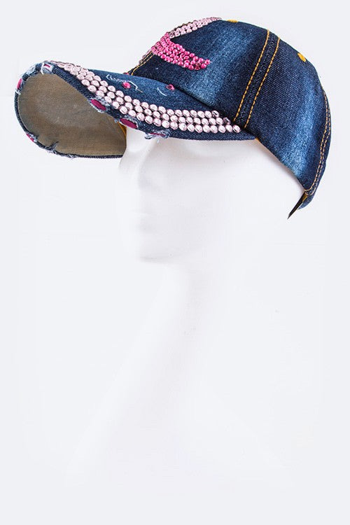 Crystal Pink Ribbon Embelished Fashion Denim Cap on Mannequin