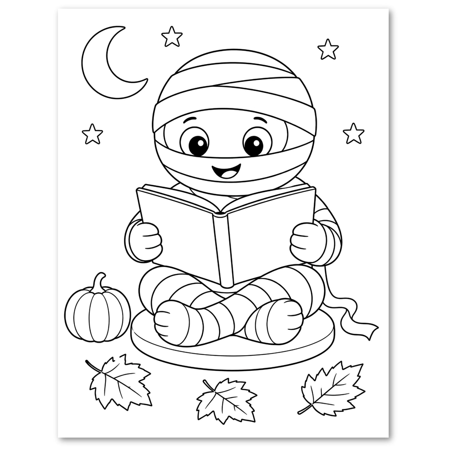 A black and white illustration of a child dressed as a mummy while reading a book.