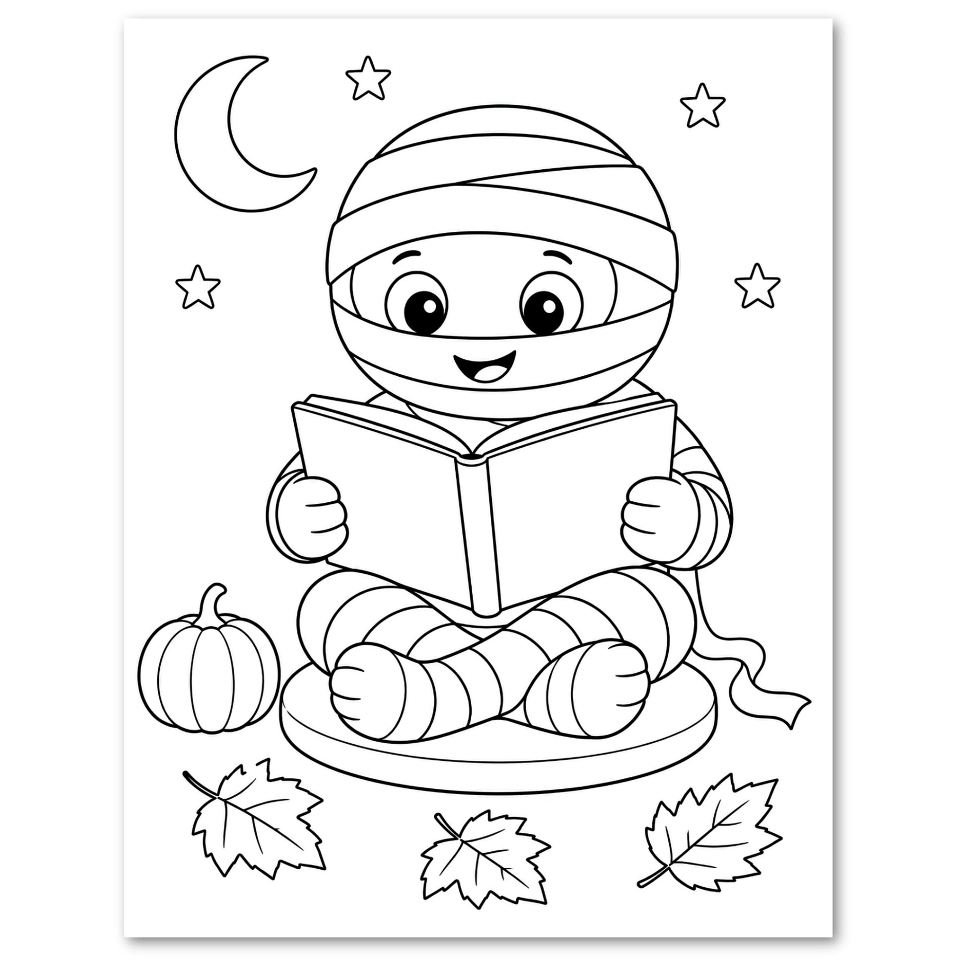 A black and white illustration of a child dressed as a mummy while reading a book.