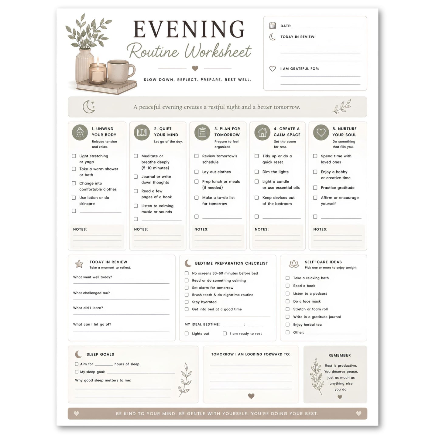 Evening Routine Worksheet with a minimalistic design on a white background