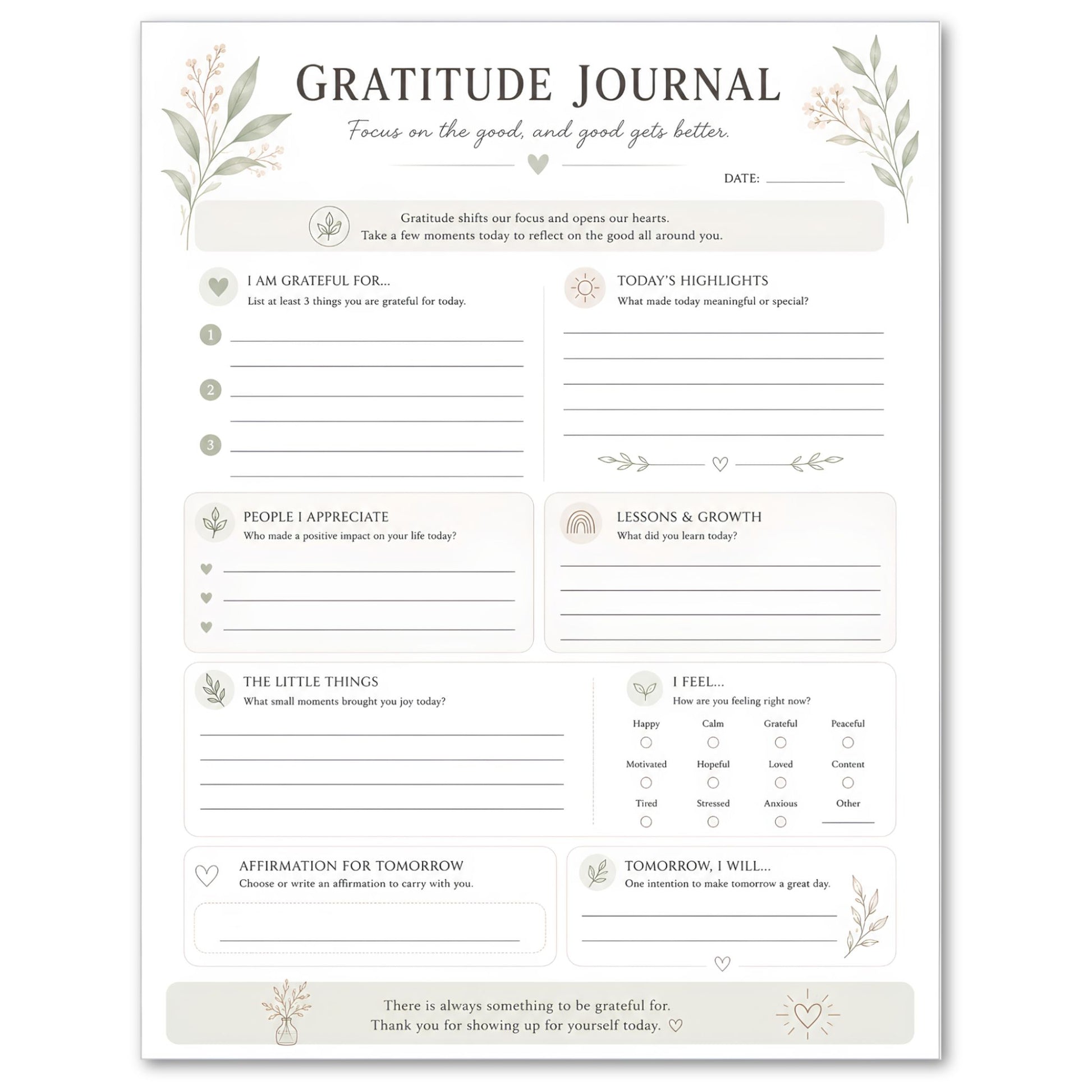 Gratitude journal with text and bullet points on a white background