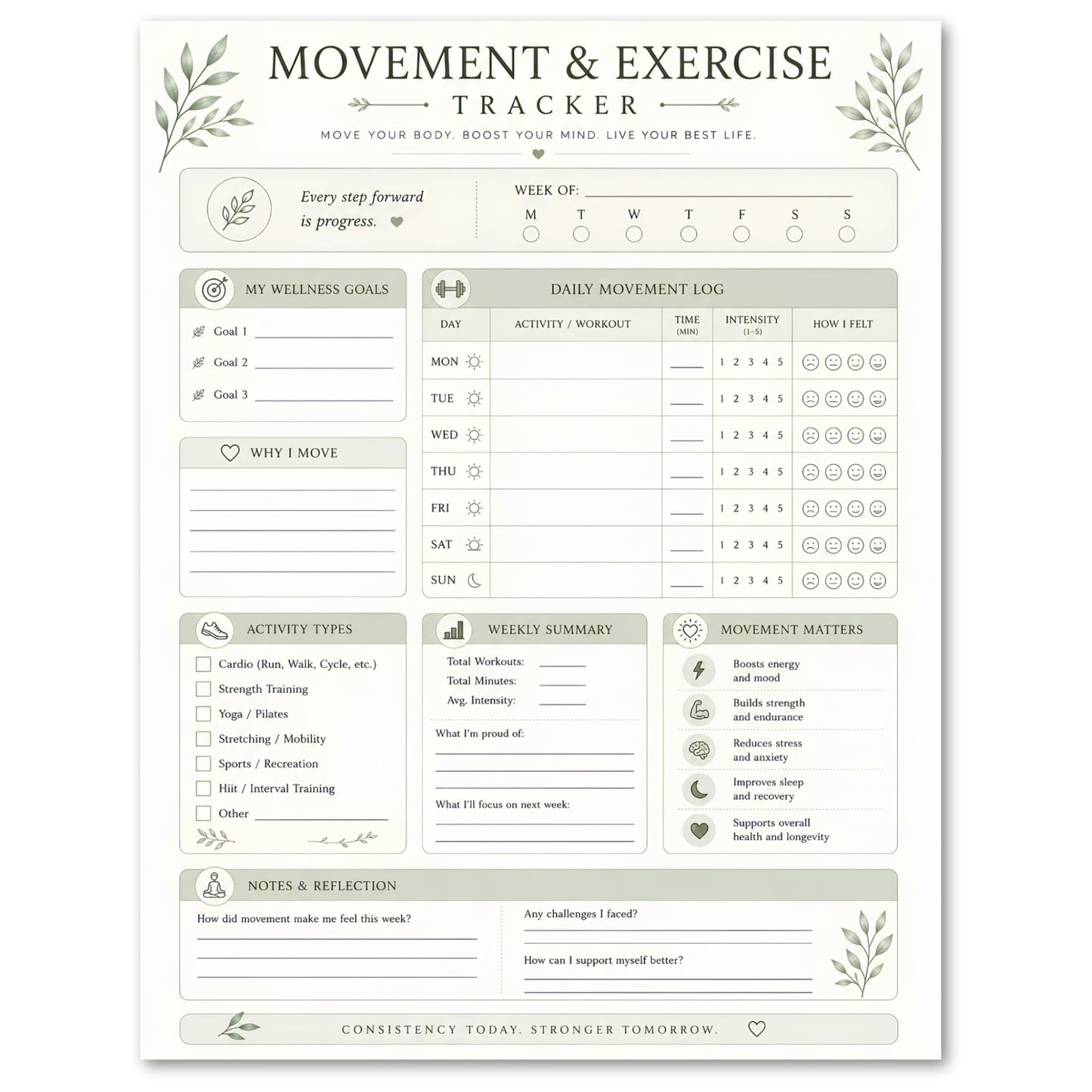 Movement and Exercise Tracker with various sections for tracking activities, goals, and progress.