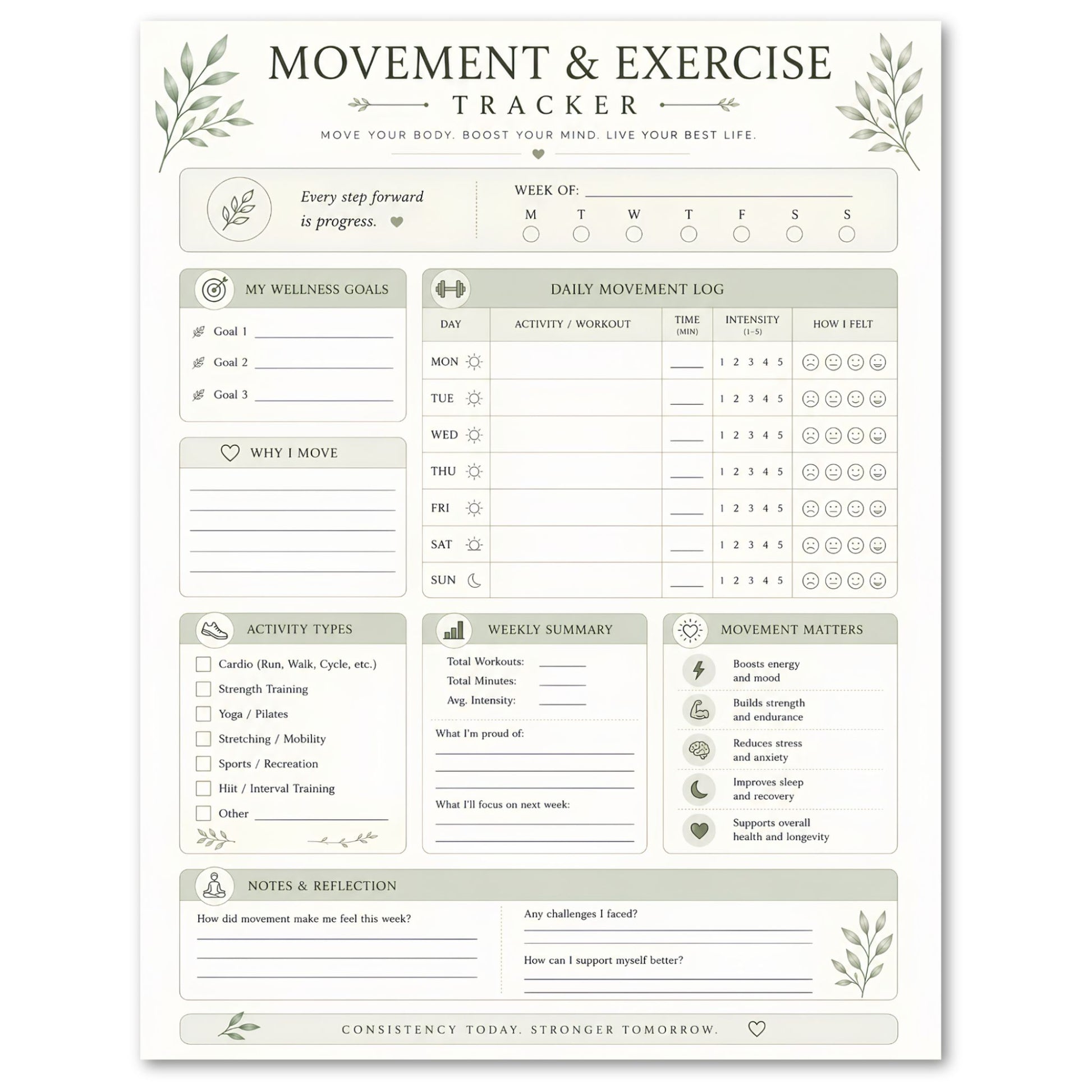 Movement and Exercise Tracker with various sections for tracking activities, goals, and progress.