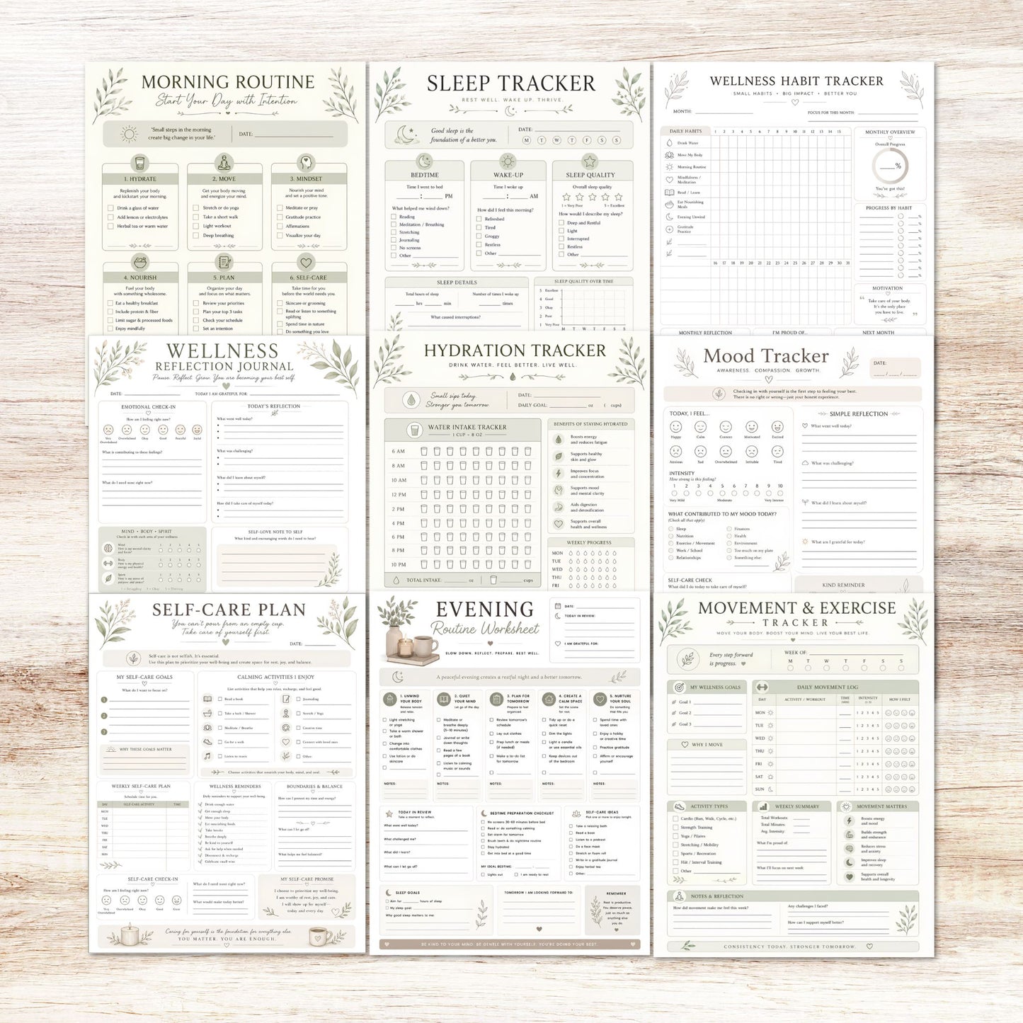 Set of health and wellness trackers on a wooden surface