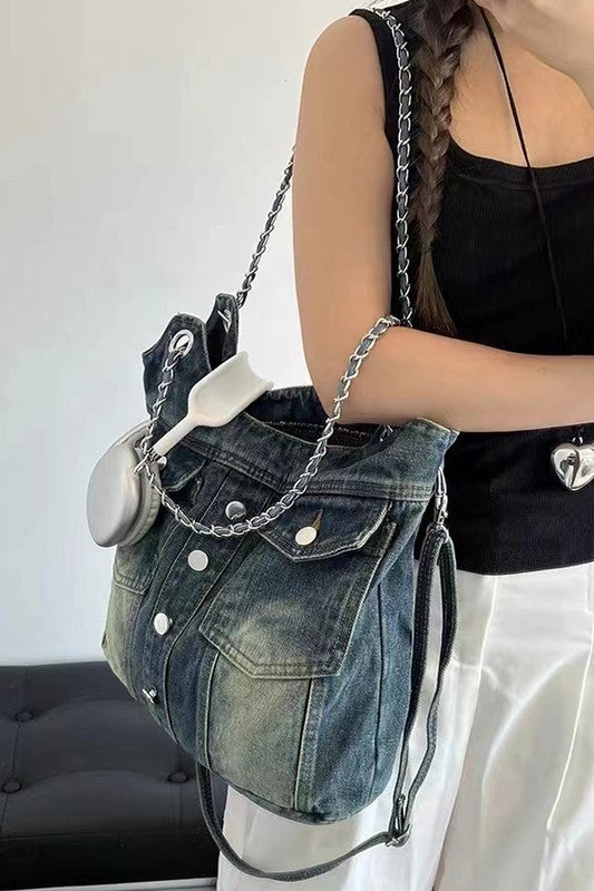 Dark Blue Vintage Denim Iconic Tote Bag on Model