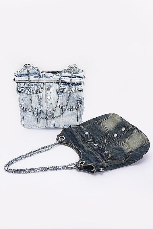 Dark Blue and Light Blue Vintage Denim Iconic Tote Bag Interior view