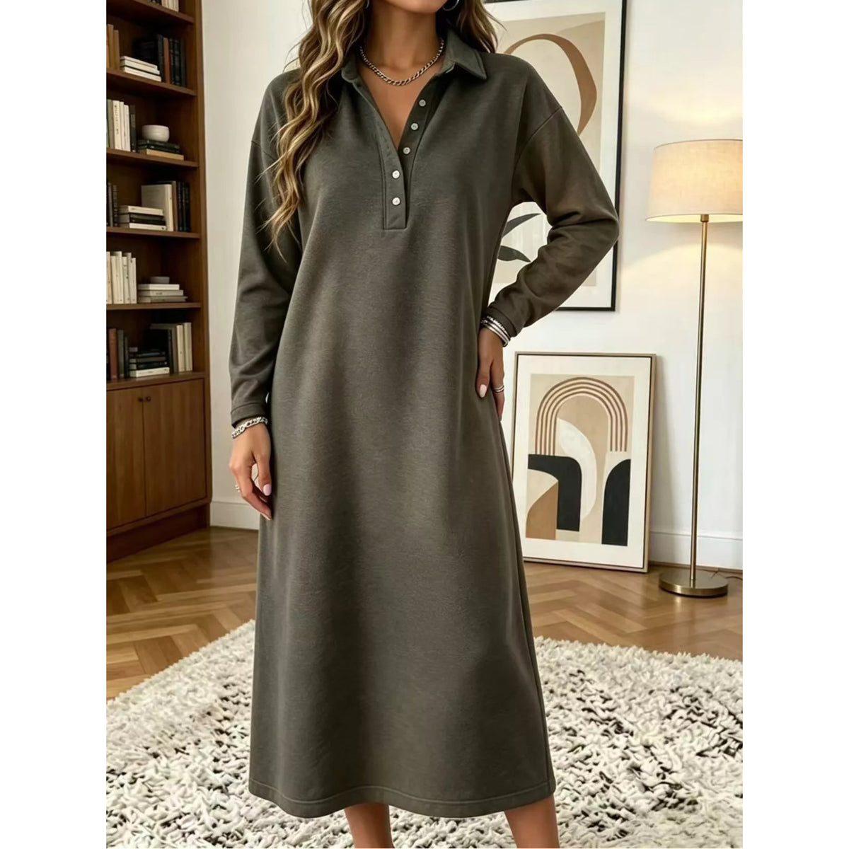 Polo Collar Long Sleeve Midi Dress