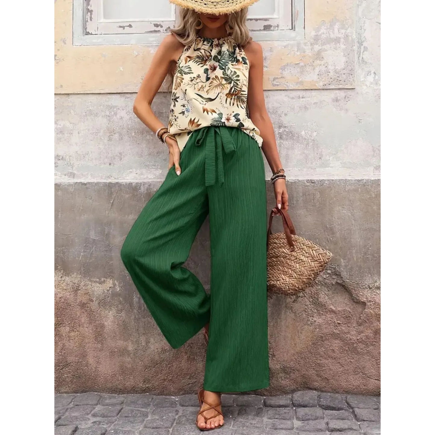 Printed Tank Top and Wide Leg Pants Set