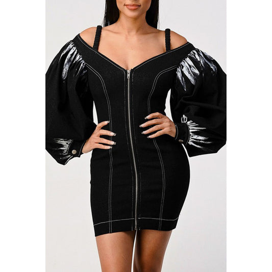Black dress with shiny sleeves on a white background