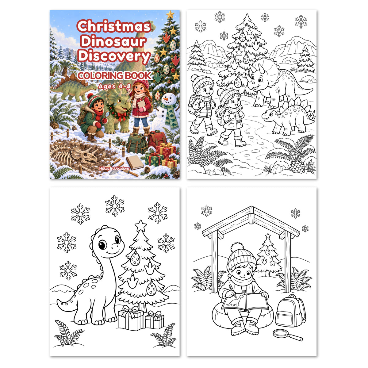 Four-page preview of a children's Christmas dinosaur coloring book, showing the illustrated cover and three black-and-white line-art interior pages with winter scenes, dinosaurs, and children coloring.