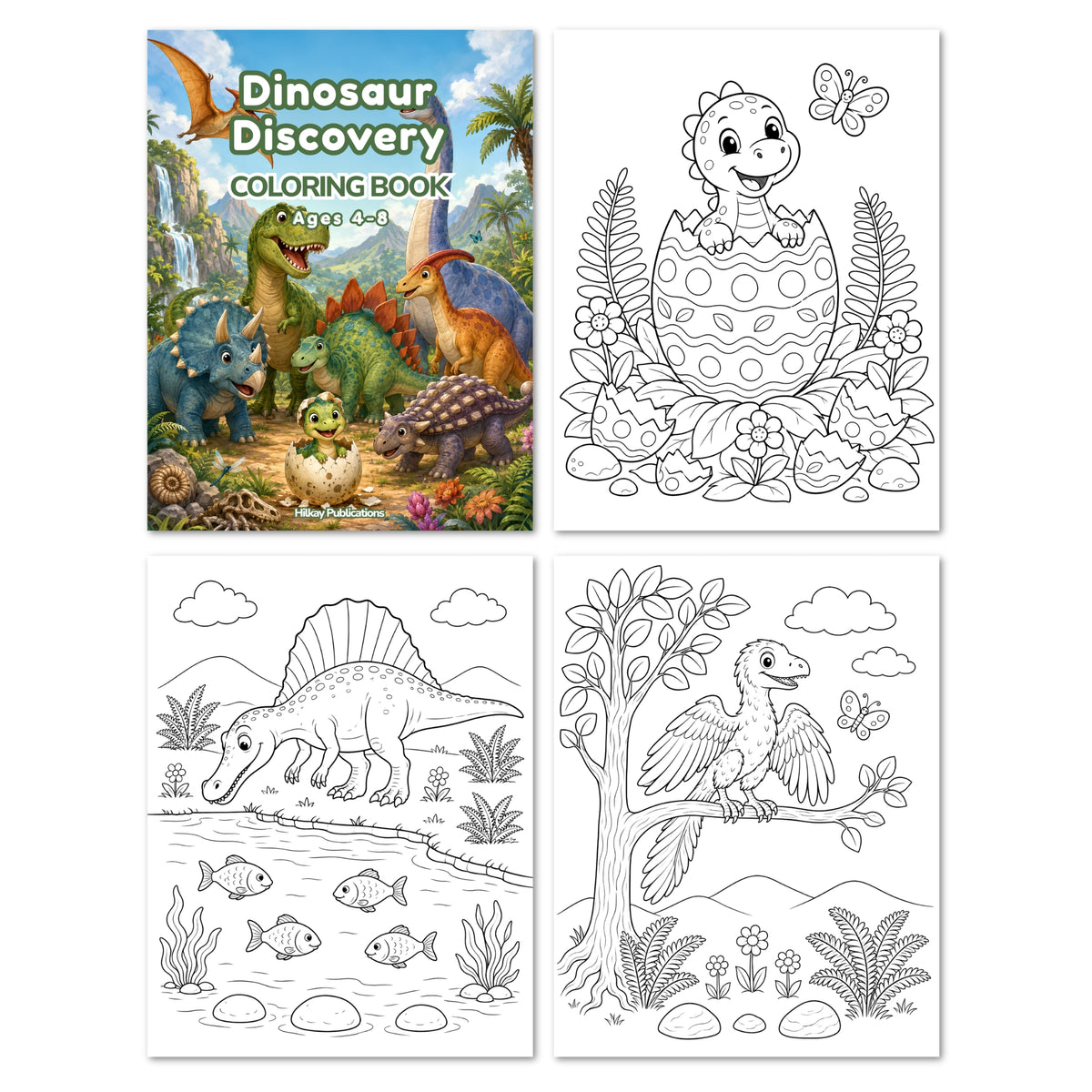 Dinosaur Discovery Coloring Book set shown with the colorful cover on the left and three black-and-white coloring pages on the right, featuring dinosaurs, a baby dinosaur in an egg, a spino-saurus by a river, and a bird perched in a tree.