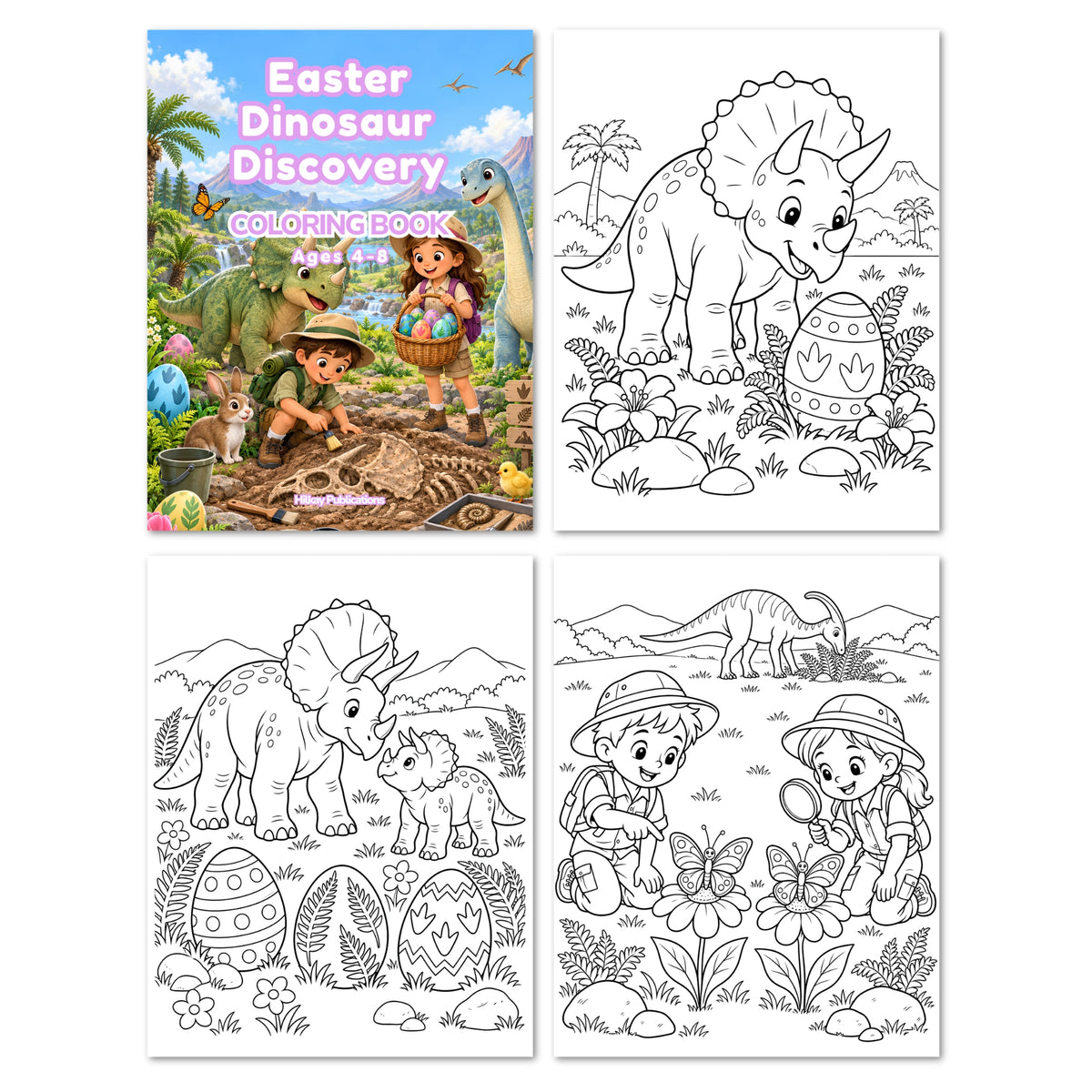 Four-page children's coloring book set titled 'Easter Dinosaur Discovery Coloring Book' shown with the illustrated cover and three black-and-white page previews featuring a triceratops, patterned eggs, and children exploring a dinosaur landscape.