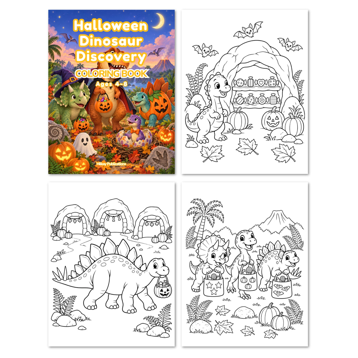 Four-page children's coloring book cover and interior pages featuring Halloween-themed dinosaur illustrations, including a colorful front cover and three black-and-white line-art pages with pumpkins, caves, and dinosaurs.