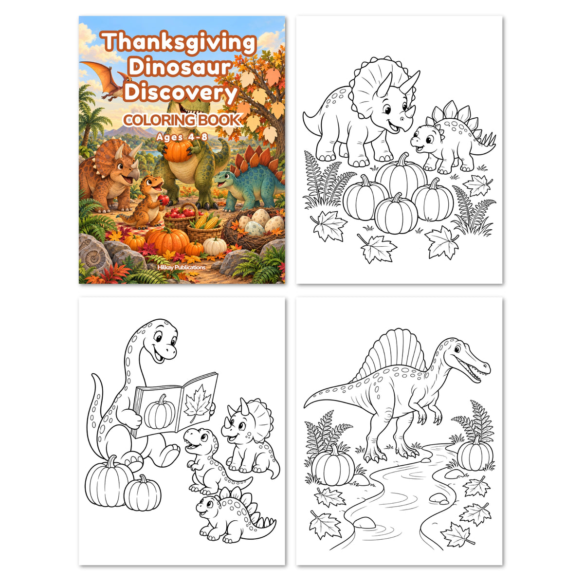 Thanksgiving Dinosaur Discovery Coloring Book set shown with the colorful cover and three black-and-white printable coloring pages featuring dinosaurs, pumpkins, and autumn leaves.