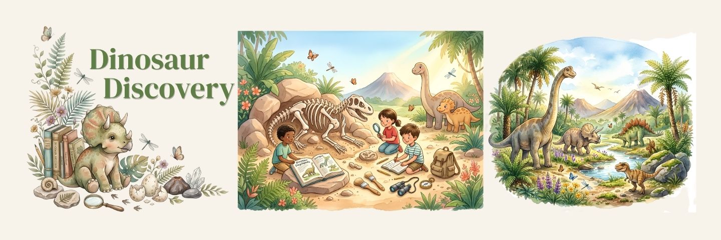 A three-panel illustrated set titled 'Dinosaur Discovery' showing paleontological scenes: a baby dinosaur by fossils on the left, children excavating a skeleton in the center, and a prehistoric landscape with dinosaurs on the right, all on a light beige background.