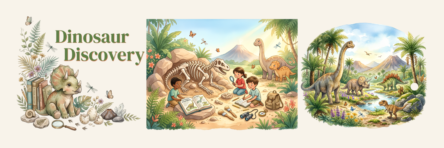 A three-panel children's educational illustration set titled 'Dinosaur Discovery' on a cream background. The left panel shows a Triceratops with fossils and the title text.